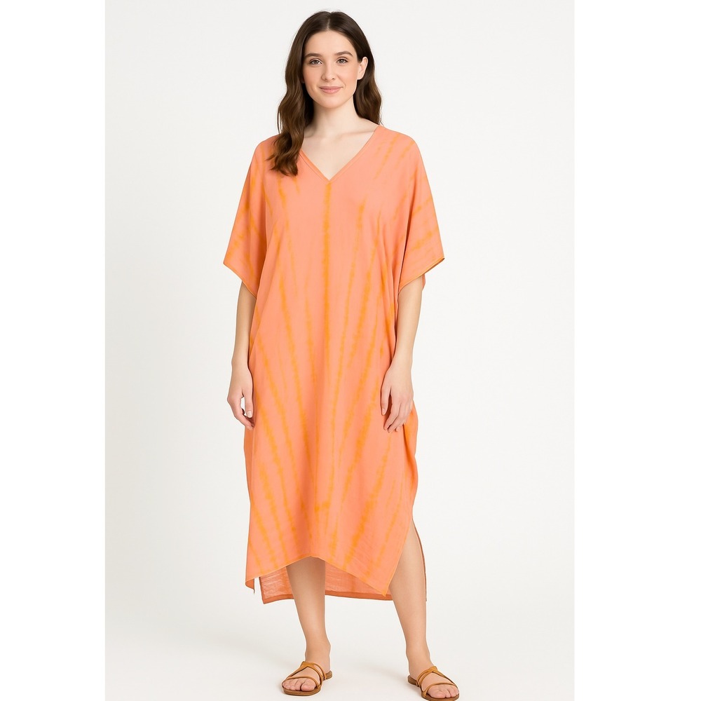 MALA handworks Cover-Up‎ Tunic Top Tie Dye V-Neck Caftan Pink Orange